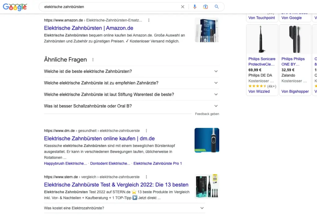 Google SERP für die Suchanfrage elektrische Zahnbürsten