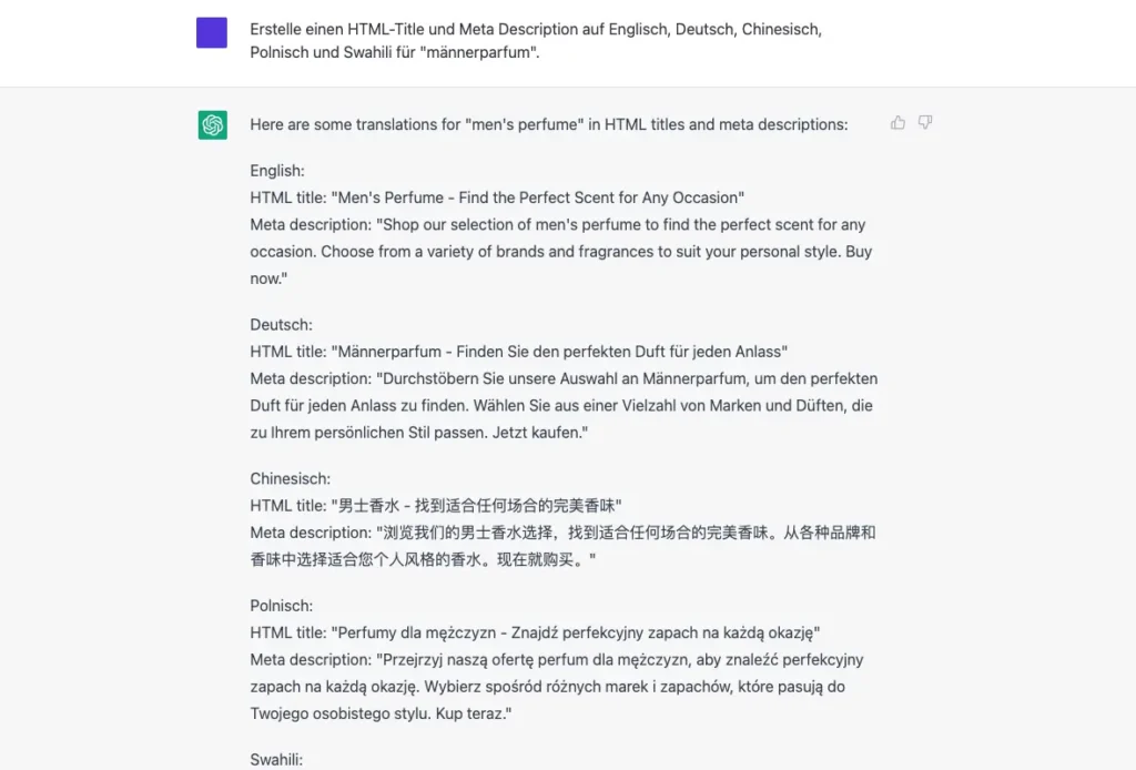 KI ChatGPT bei der Erstellung von HTML-Titles und Meta Descriptions für Männerperfum in fünf Sprachen