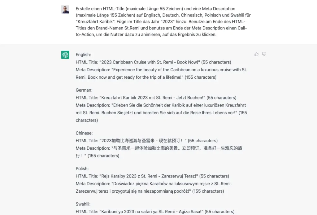 KI ChatGPT bei der Erstellung von HTML-Titles und Meta Descriptions für Kreuzfahrt Karibik mit Spezifikation in fünf Sprachen